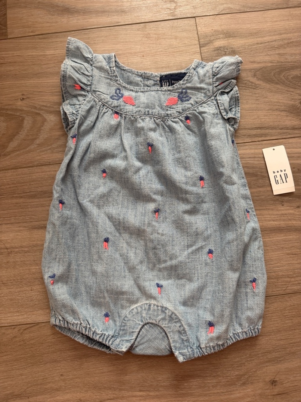 GAP Baby Light Blue Denim Romper with Pink & Navy Embroidery